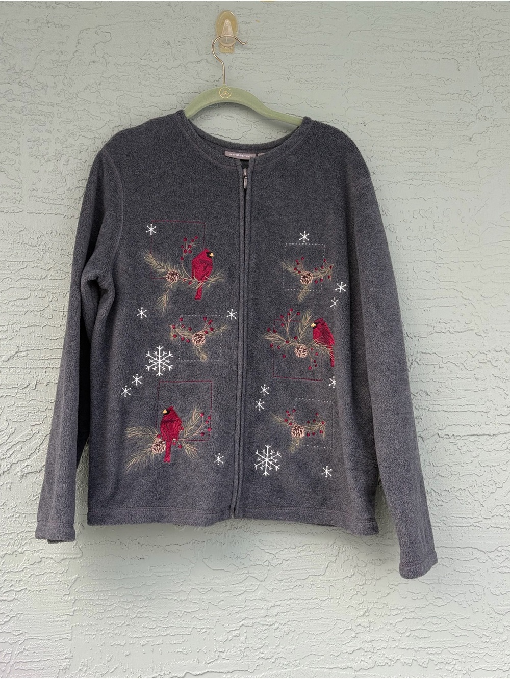 croft & barrow Gray Zip-Front Cardigan with Red Cardinal Embroidery
